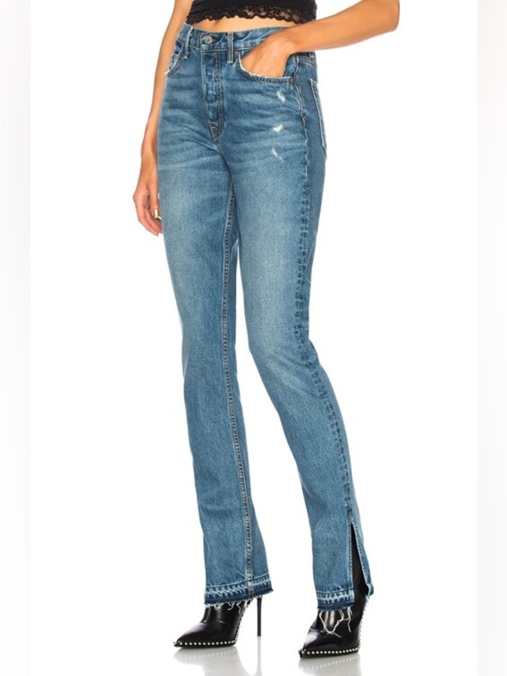 GRLFRND || Natalia Split Hem Slim Straight Jeans Distressed‎ Denim Blue 26
